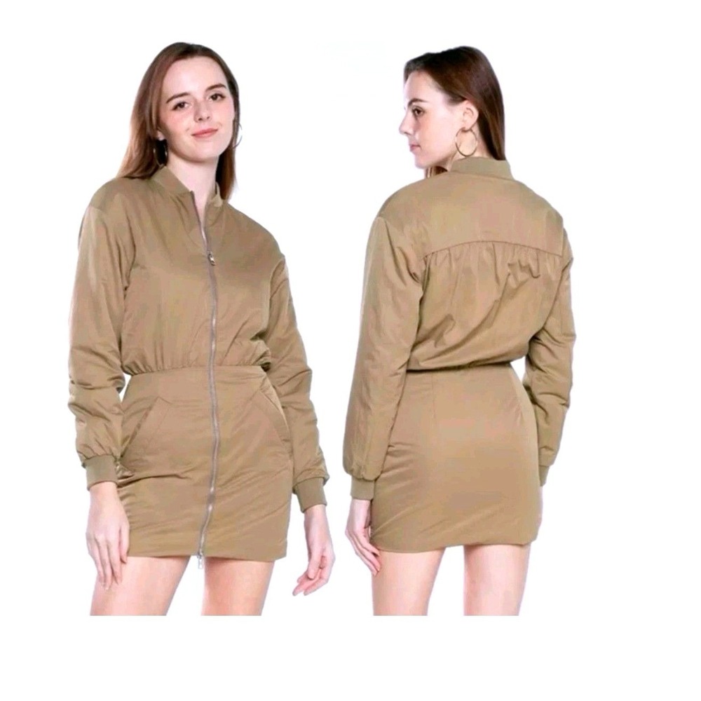 NWT ZARA PADDED OLIVE GREEN MINI BOMBER EFFECT DRESS JACKET COAT Size XS